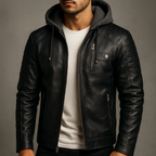 Plush-lined men's hooded winter coat in leather-look faux leather - view 9
