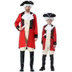 Men's colonial soldier Halloween costume with red tailcoat, black lapels, gold buttons, white jabot and sash