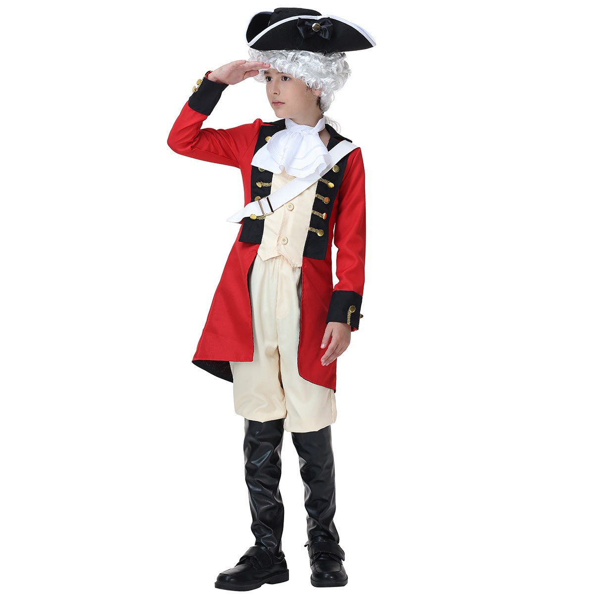 Men's colonial soldier Halloween costume with red tailcoat, black lapels, gold buttons, white jabot and sash - view 2