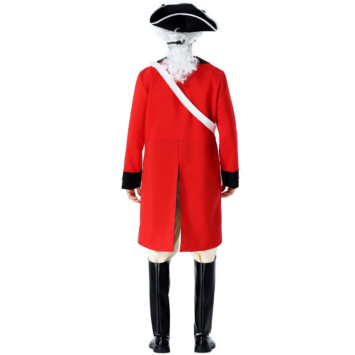 Men's colonial soldier Halloween costume with red tailcoat, black lapels, gold buttons, white jabot and sash - view 3