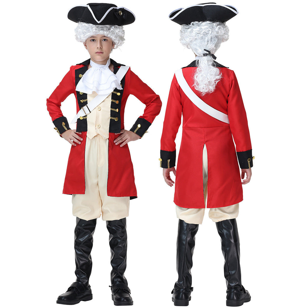 Men's colonial soldier Halloween costume with red tailcoat, black lapels, gold buttons, white jabot and sash - view 4