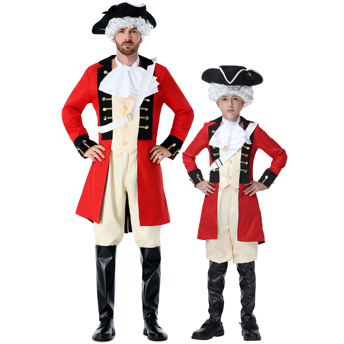 Men's colonial soldier Halloween costume with red tailcoat, black lapels, gold buttons, white jabot and sash - view 5