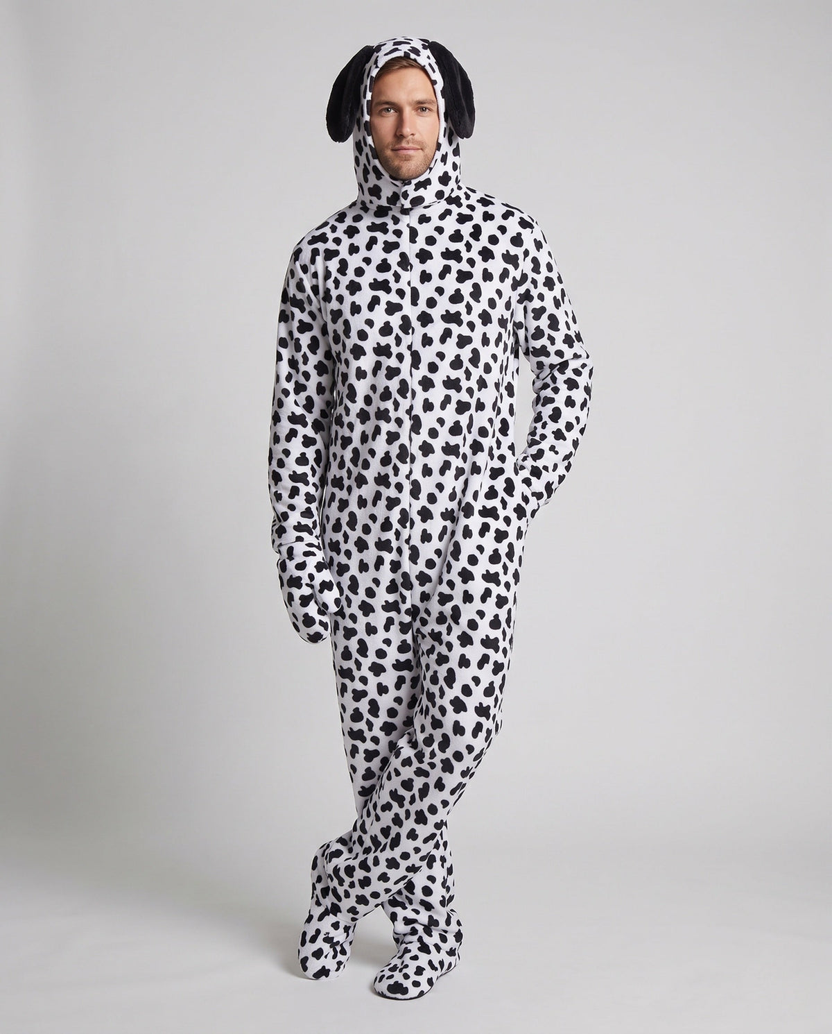 Men's Dalmatian dog Halloween costume in spotted plush fleece with floppy ear hood
