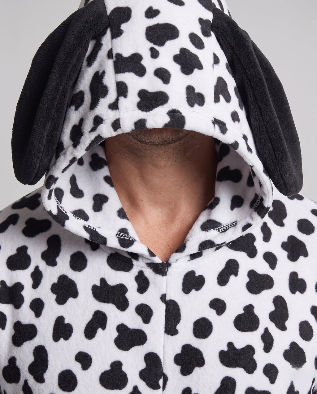 Men's Dalmatian dog Halloween costume in spotted plush fleece with floppy ear hood - view 2