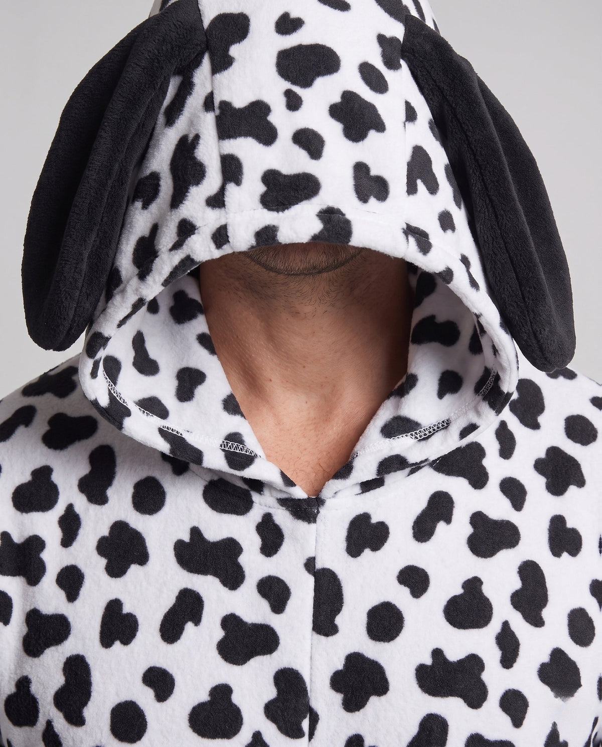 Men's Dalmatian dog Halloween costume in spotted plush fleece with floppy ear hood - view 2