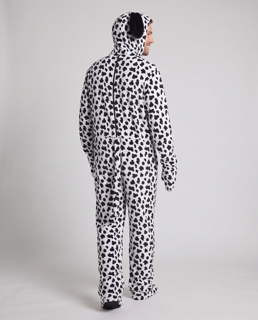 Men's Dalmatian dog Halloween costume in spotted plush fleece with floppy ear hood - view 3