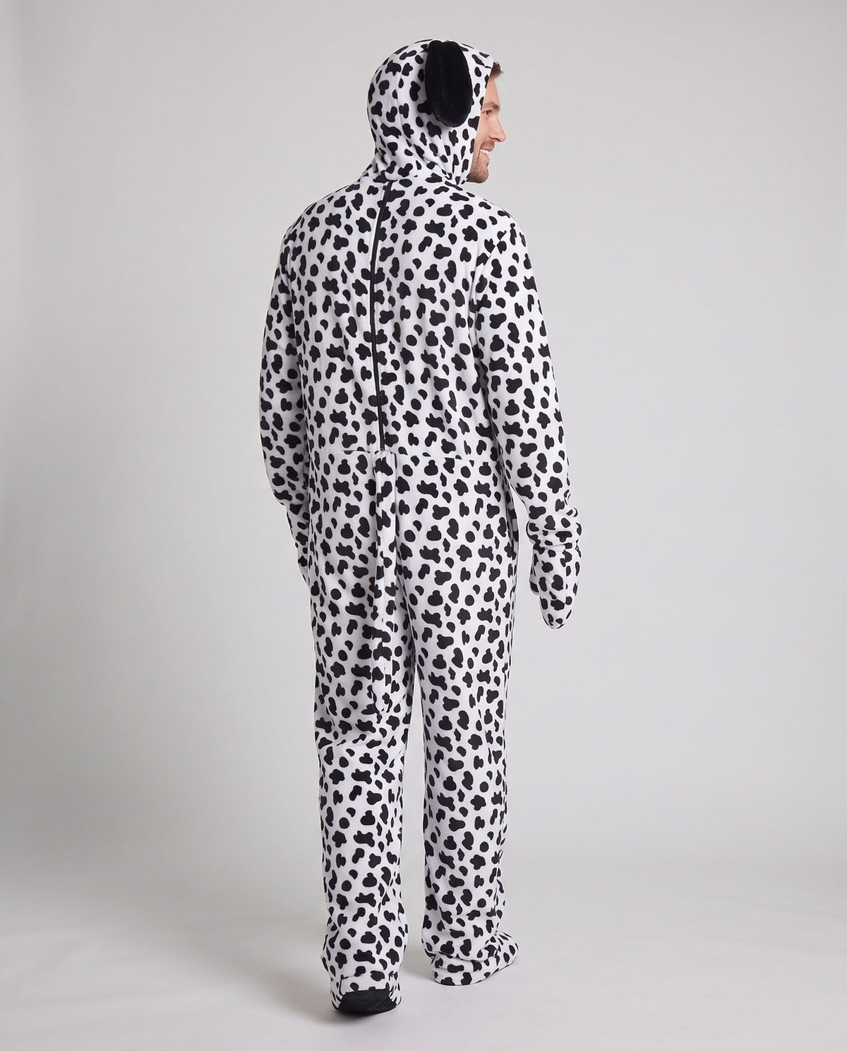 Men's Dalmatian dog Halloween costume in spotted plush fleece with floppy ear hood - view 3