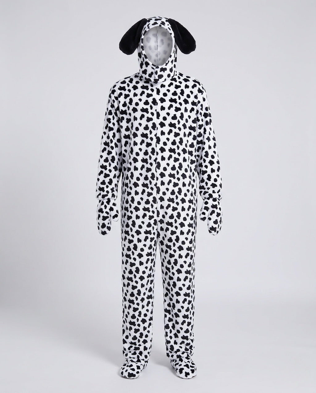 Men's Dalmatian dog Halloween costume in spotted plush fleece with floppy ear hood - view 4