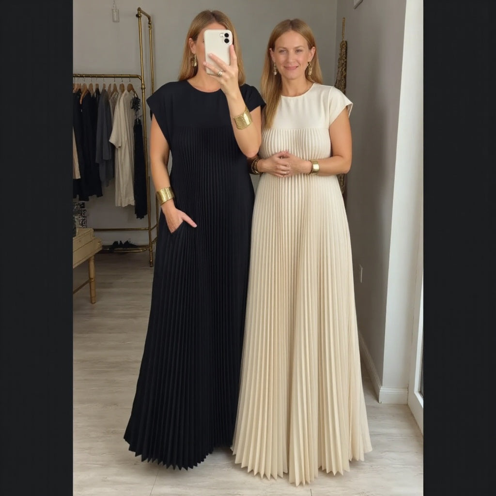 Woman wearing a pleated cap sleeve maxi dress with crew neck - view 10