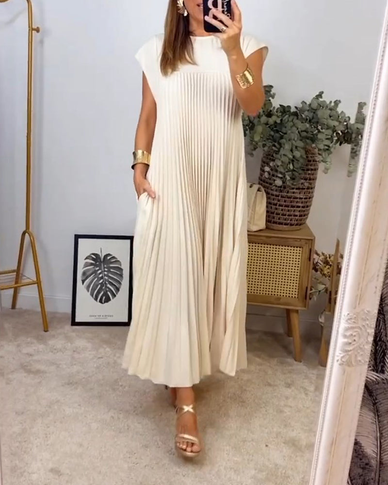 Woman wearing a pleated cap sleeve maxi dress with crew neck - view 14
