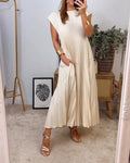 Woman wearing a pleated cap sleeve maxi dress with crew neck - view 15