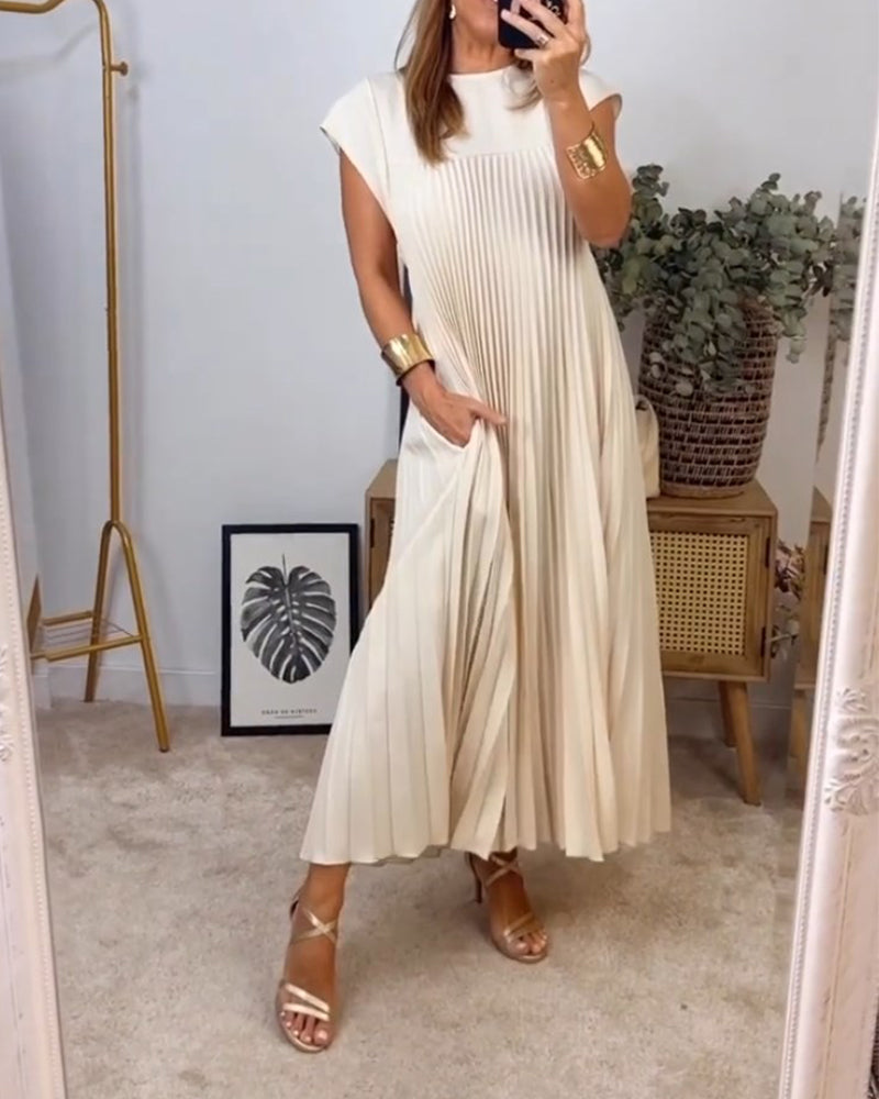 Woman wearing a pleated cap sleeve maxi dress with crew neck - view 15