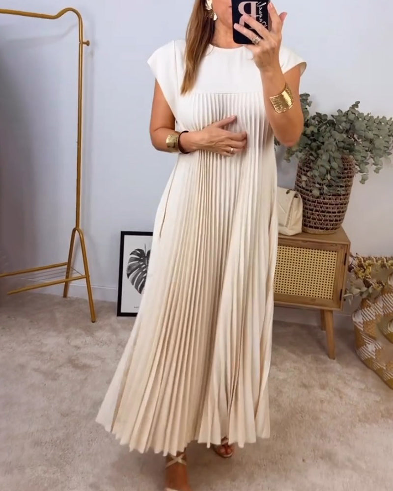Woman wearing a pleated cap sleeve maxi dress with crew neck - view 16