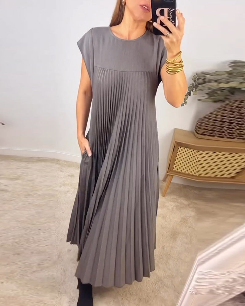 Woman wearing a pleated cap sleeve maxi dress with crew neck - view 6
