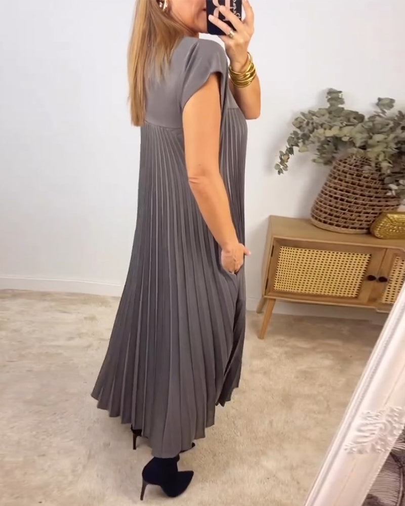 Woman wearing a pleated cap sleeve maxi dress with crew neck - view 7