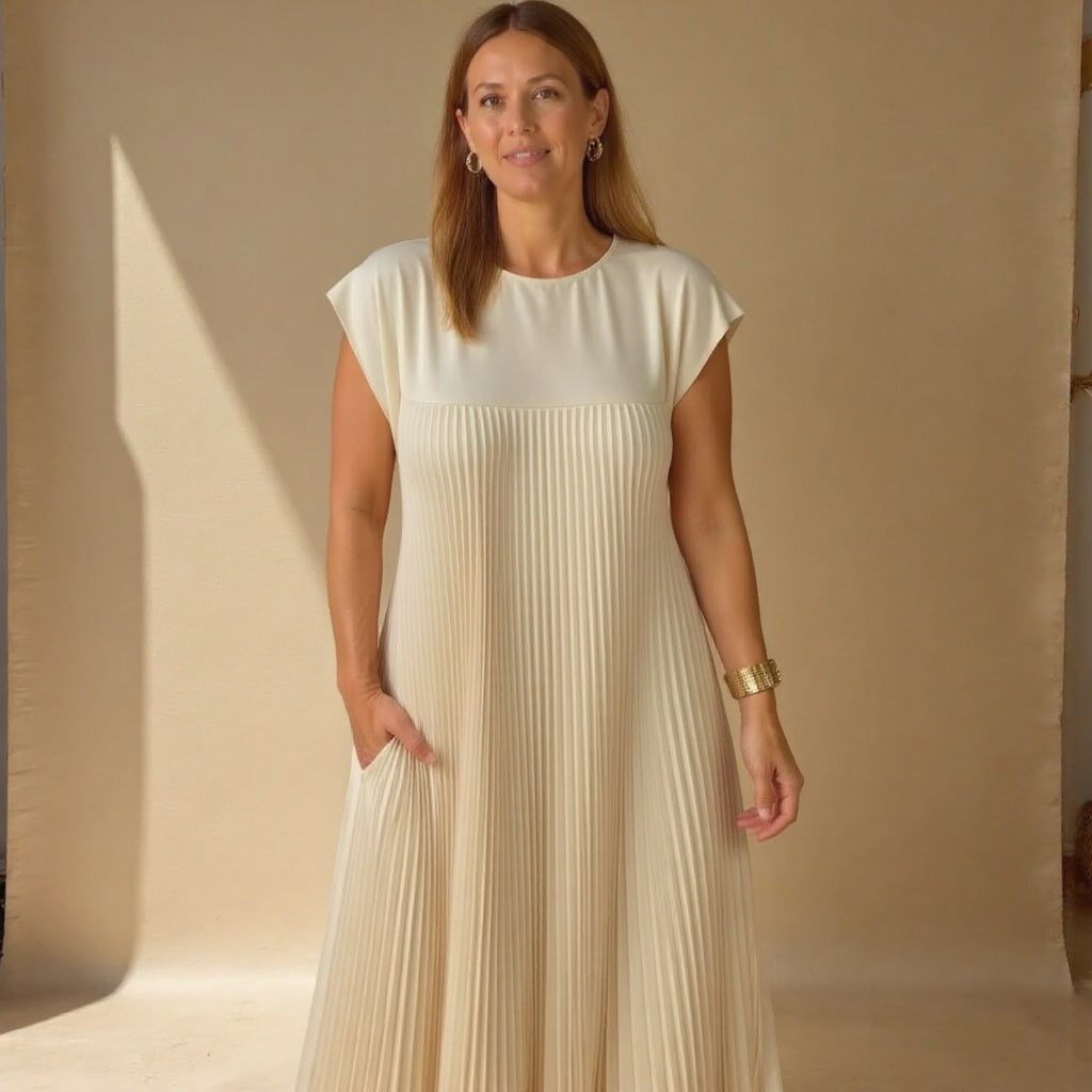 Woman wearing a pleated cap sleeve maxi dress with crew neck - view 8