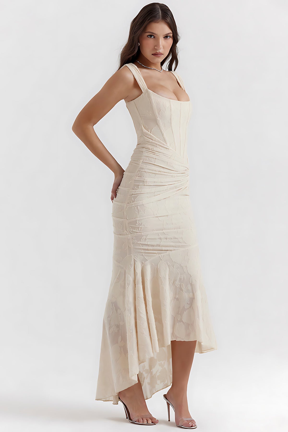 Corset mermaid cocktail dress with ruched waist and high-low hem - view 10