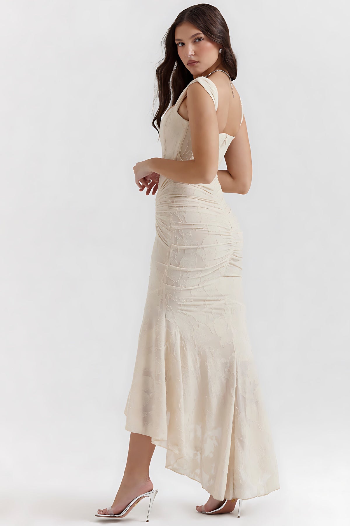 Corset mermaid cocktail dress with ruched waist and high-low hem - view 12