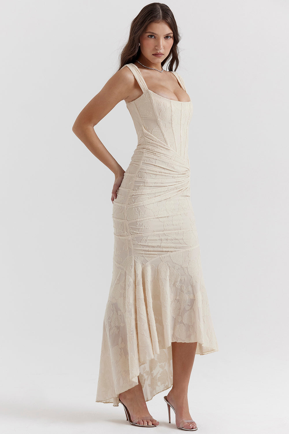 Corset mermaid cocktail dress with ruched waist and high-low hem - view 14