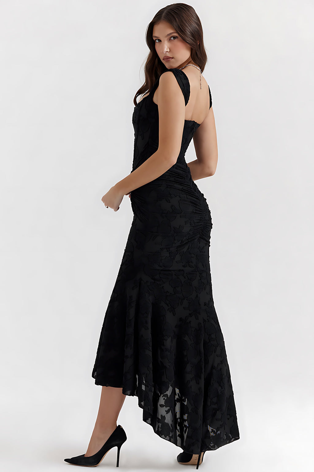 Corset mermaid cocktail dress with ruched waist and high-low hem - view 2