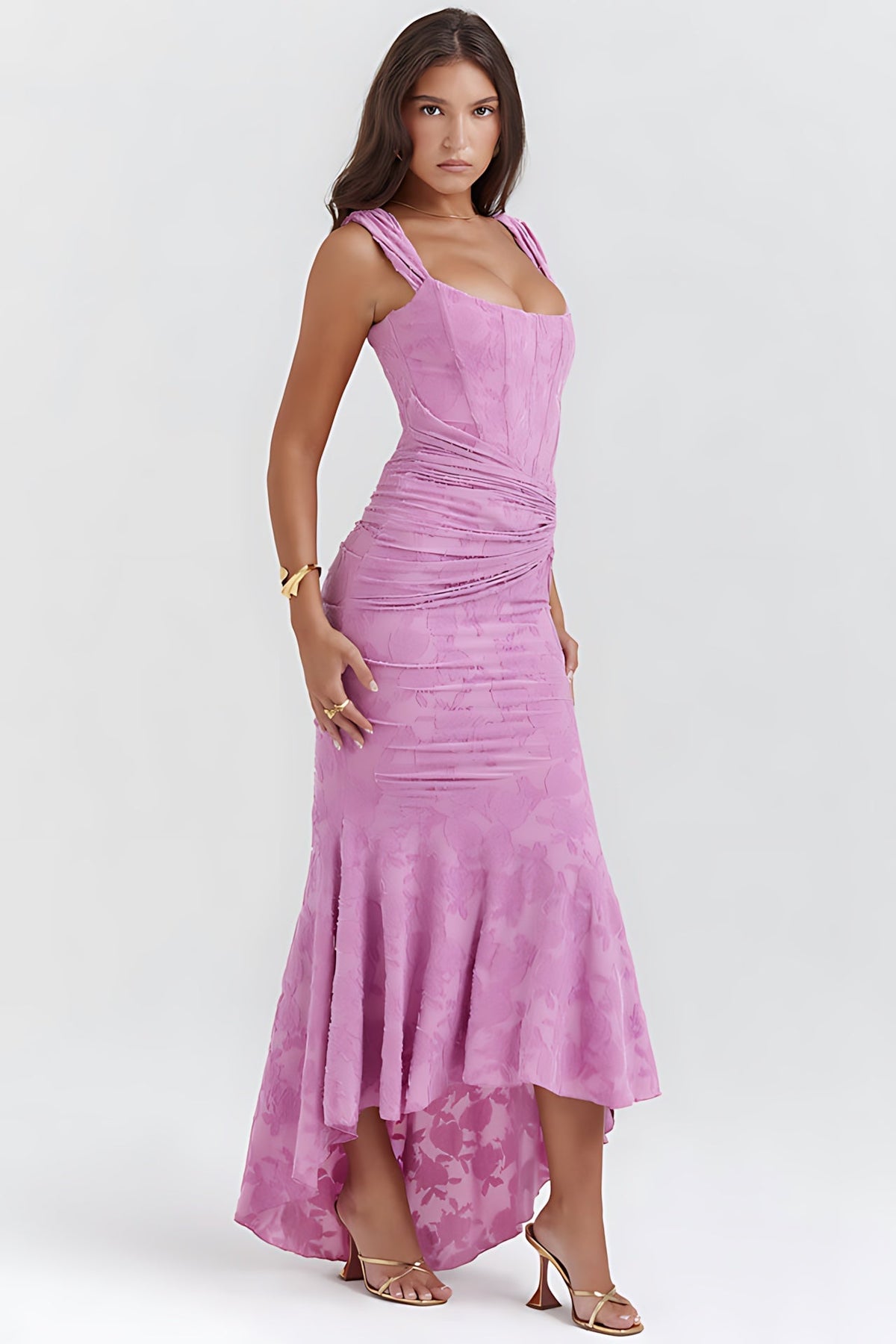 Corset mermaid cocktail dress with ruched waist and high-low hem - view 6