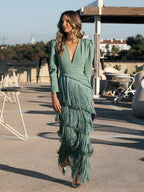 Long sleeve V-neck midi dress with puff shoulders and tiered diagonal fringe skirt - view 10