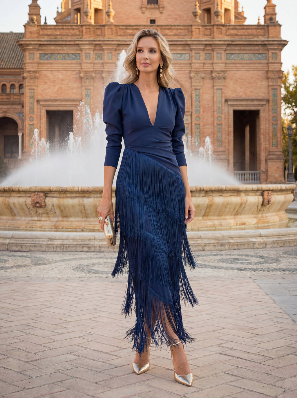 Long sleeve V-neck midi dress with puff shoulders and tiered diagonal fringe skirt - view 11