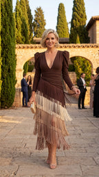 Long sleeve V-neck midi dress with puff shoulders and tiered diagonal fringe skirt - view 2