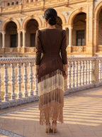 Long sleeve V-neck midi dress with puff shoulders and tiered diagonal fringe skirt - view 3