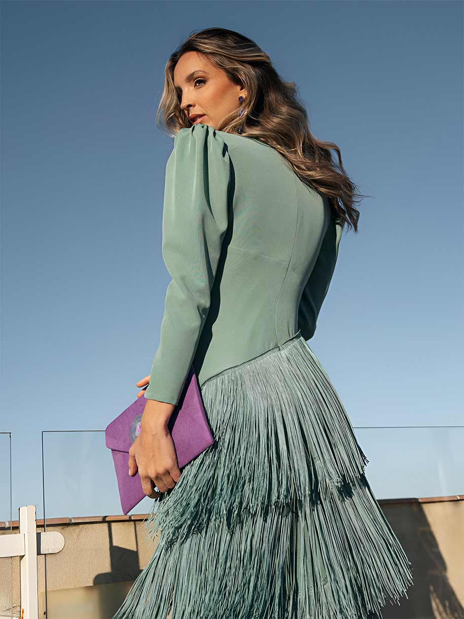 Long sleeve V-neck midi dress with puff shoulders and tiered diagonal fringe skirt - view 7