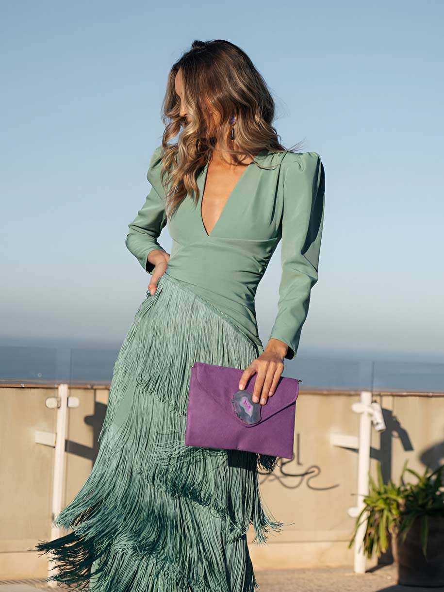 Long sleeve V-neck midi dress with puff shoulders and tiered diagonal fringe skirt - view 9