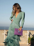 Long sleeve V-neck midi dress with puff shoulders and tiered diagonal fringe skirt - view 9