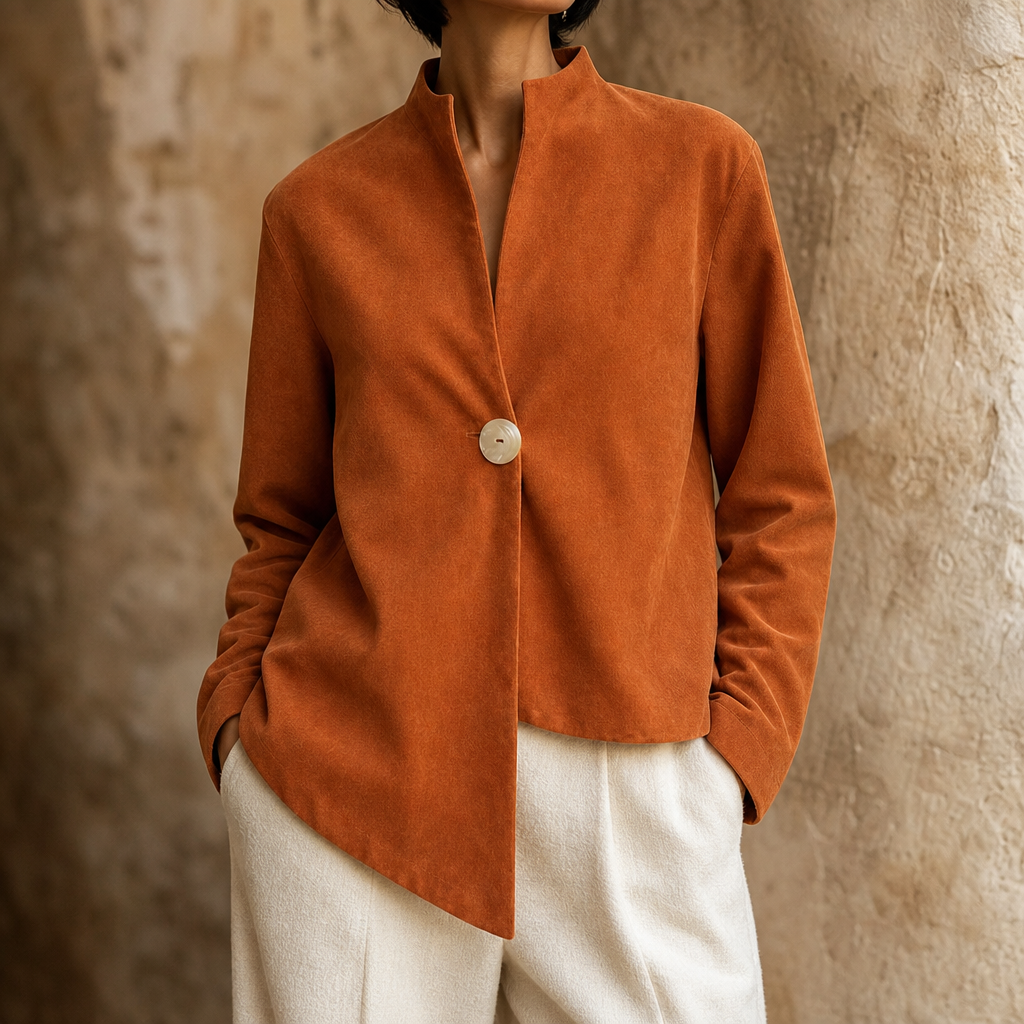 Burnt orange one-button jacket with asymmetric hem and band collar