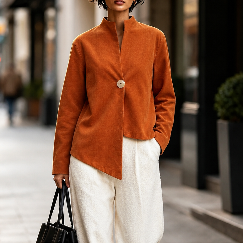 Burnt orange one-button jacket with asymmetric hem and band collar - view 12