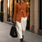 Burnt orange one-button jacket with asymmetric hem and band collar - view 2