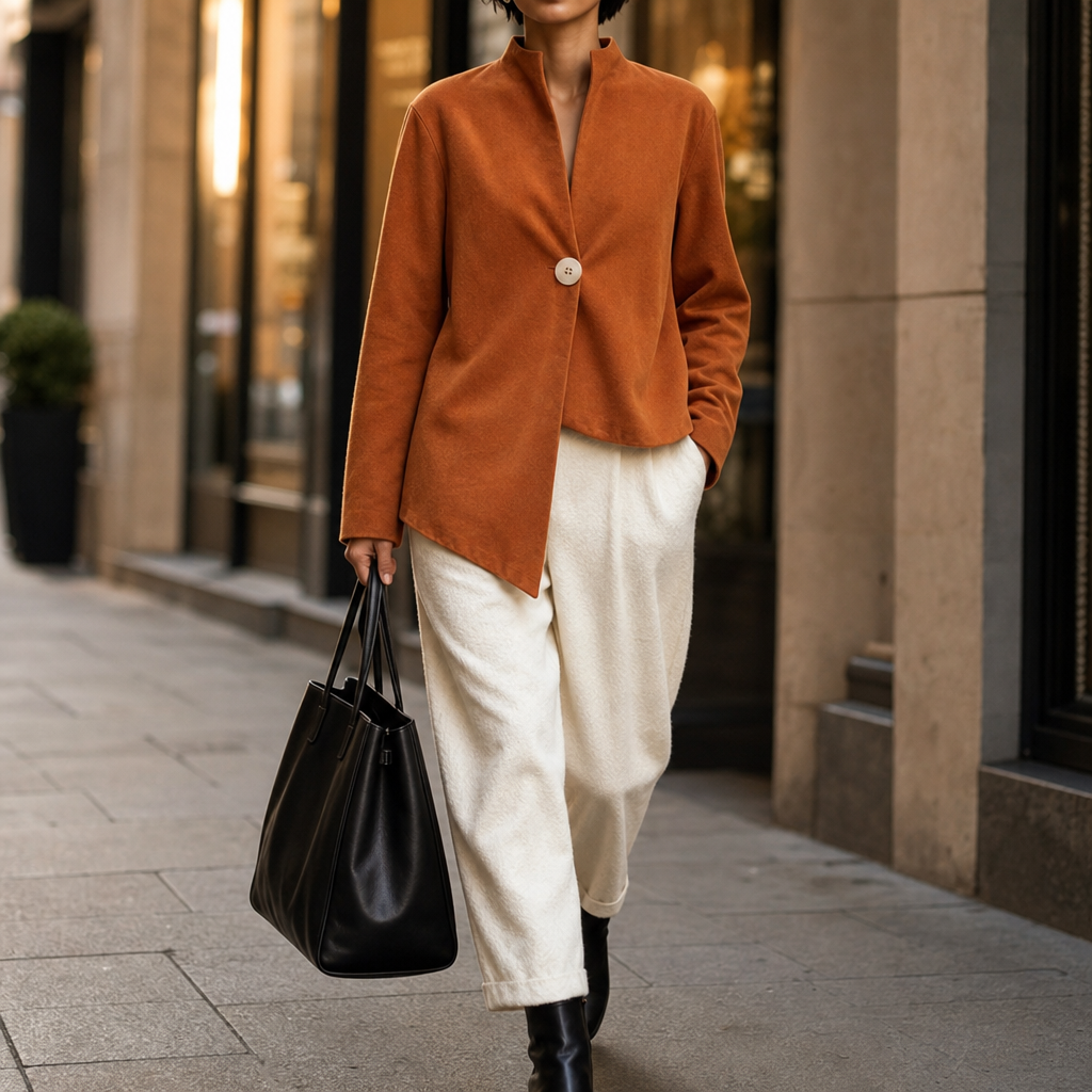 Burnt orange one-button jacket with asymmetric hem and band collar - view 2