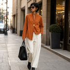 Burnt orange one-button jacket with asymmetric hem and band collar - view 3