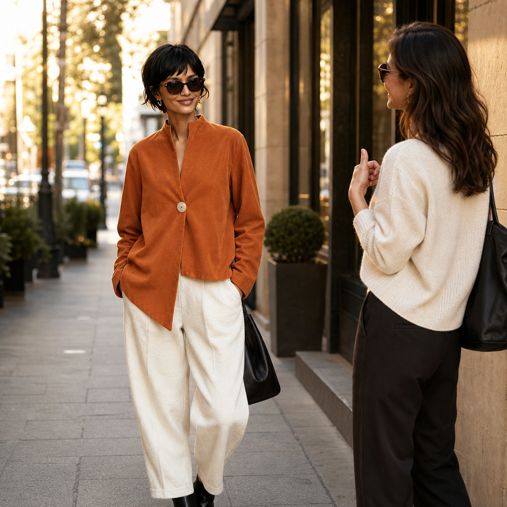 Burnt orange one-button jacket with asymmetric hem and band collar - view 4