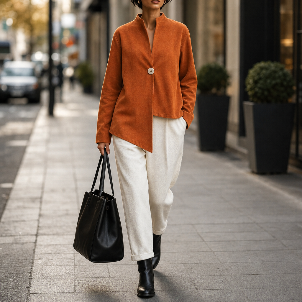 Burnt orange one-button jacket with asymmetric hem and band collar - view 5