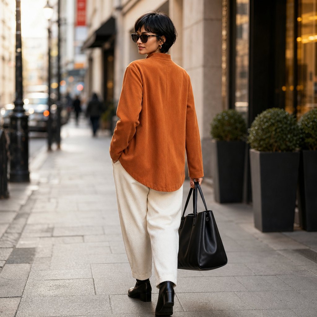 Burnt orange one-button jacket with asymmetric hem and band collar - view 6