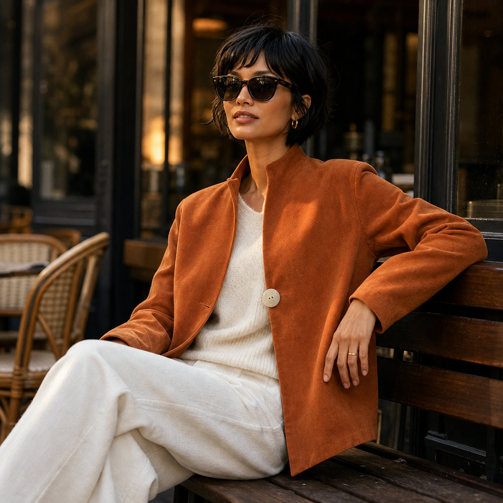Burnt orange one-button jacket with asymmetric hem and band collar - view 7