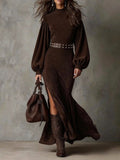Brown mock neck long sleeve dress with lantern sleeves, faux suede finish and high side slit