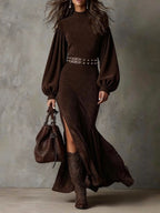 Brown mock neck long sleeve dress with lantern sleeves, faux suede finish and high side slit