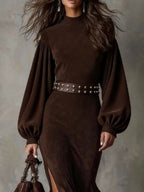 Brown mock neck long sleeve dress with lantern sleeves, faux suede finish and high side slit - view 2