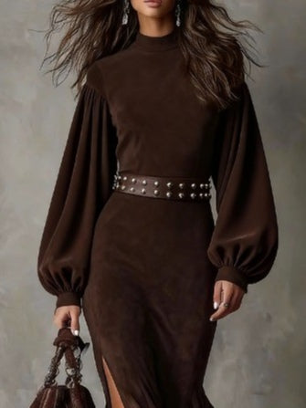 Brown mock neck long sleeve dress with lantern sleeves, faux suede finish and high side slit - view 2