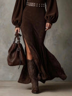Brown mock neck long sleeve dress with lantern sleeves, faux suede finish and high side slit - view 3