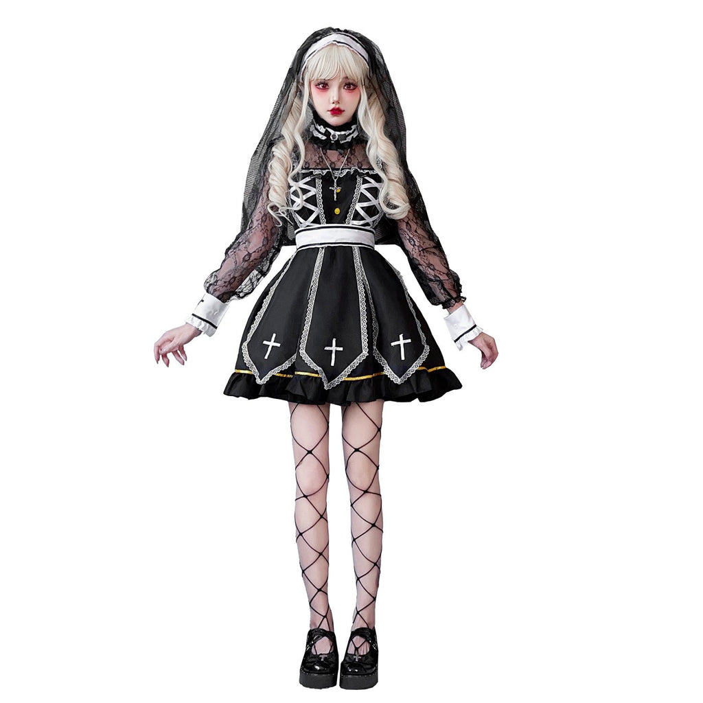 Women's gothic Halloween costume dress in black and white with sheer lace sleeves and embroidered cross panels