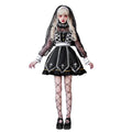 Women's gothic Halloween costume dress in black and white with sheer lace sleeves and embroidered cross panels