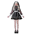 Women's gothic Halloween costume dress in black and white with sheer lace sleeves and embroidered cross panels