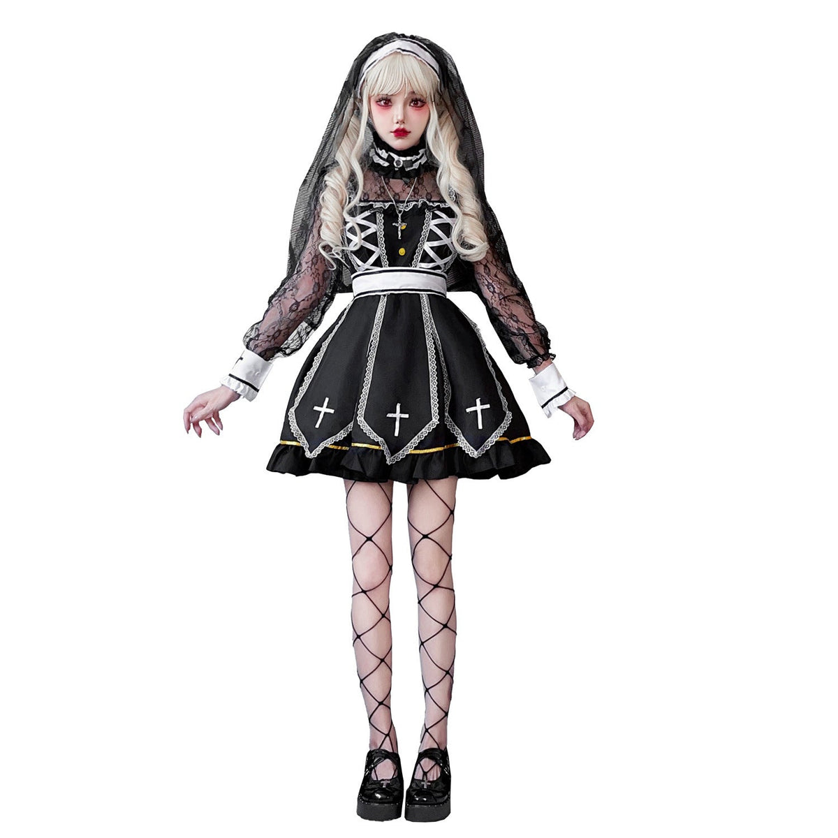 Women's gothic Halloween costume dress in black and white with sheer lace sleeves and embroidered cross panels